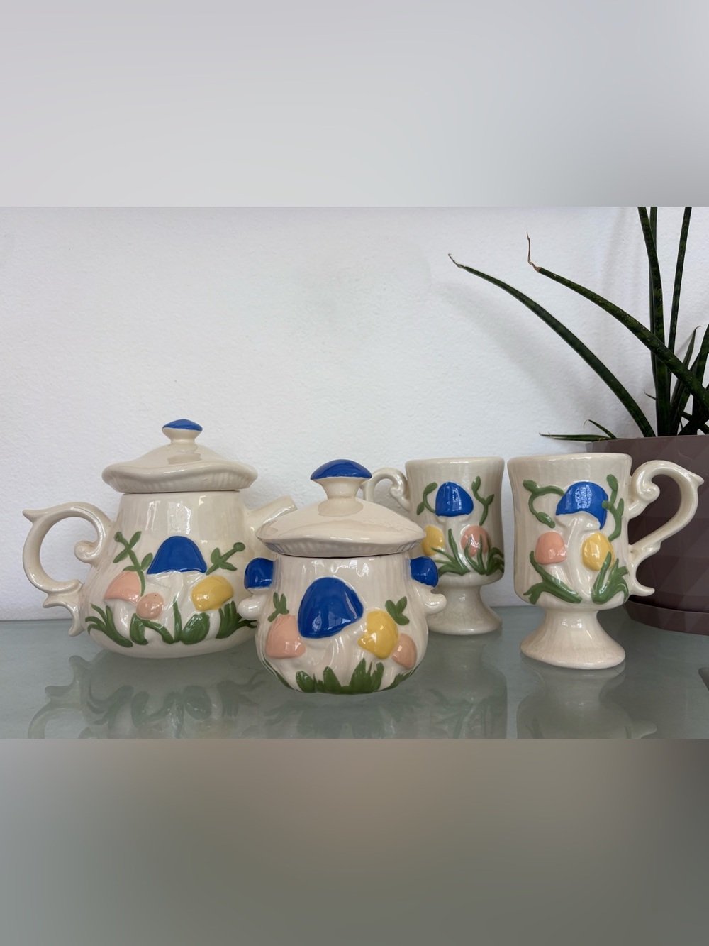Vintage Arnels Colorful Mushroom Hand Painted Ceramic Tea Set and Mugs